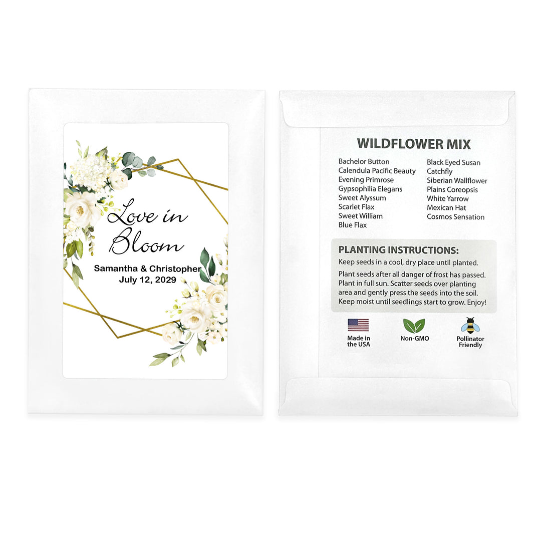 Love in Bloom, White Floral with Gold Geometric Frame, Wedding Favor, Wildflower Seed Packets