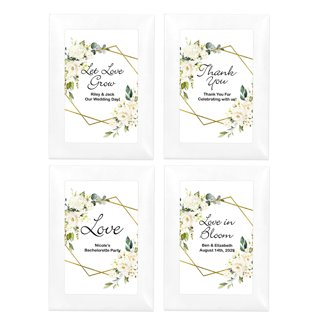 Love in Bloom, White Floral with Gold Geometric Frame, Wedding Favor, Wildflower Seed Packets