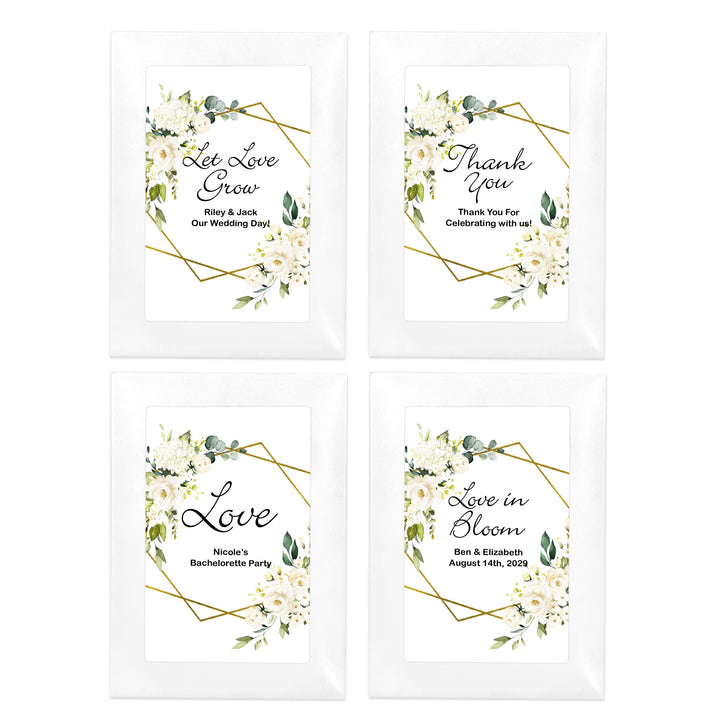 Love in Bloom, White Floral with Gold Geometric Frame, Wedding Favor, Wildflower Seed Packets