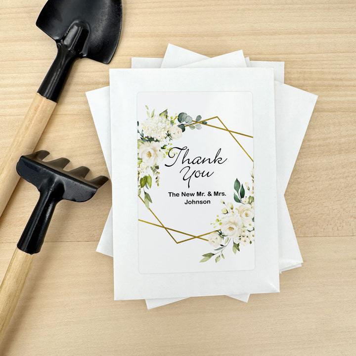 Love in Bloom, White Floral with Gold Geometric Frame, Wedding Favor, Wildflower Seed Packets