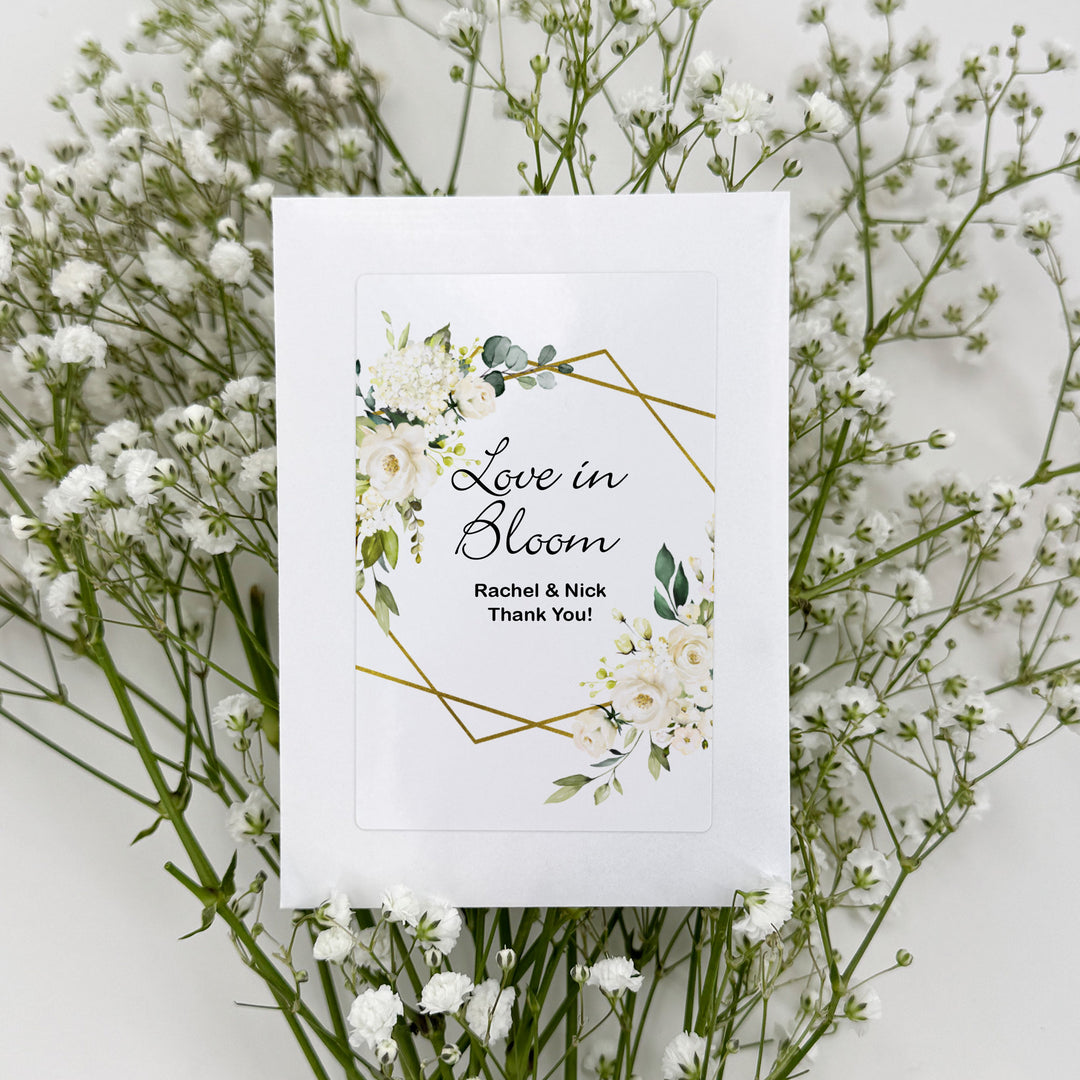 Love in Bloom, White Floral with Gold Geometric Frame, Wedding Favor, Wildflower Seed Packets