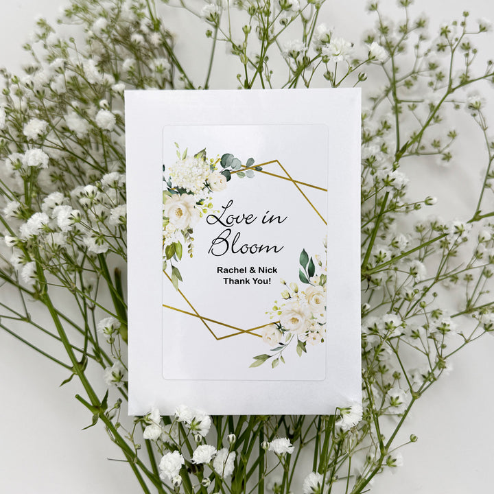 Love in Bloom, White Floral with Gold Geometric Frame, Wedding Favor, Wildflower Seed Packets
