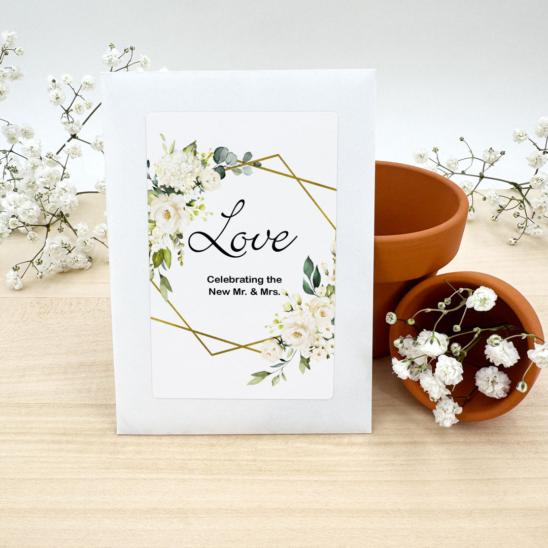 Love in Bloom, White Floral with Gold Geometric Frame, Wedding Favor, Wildflower Seed Packets