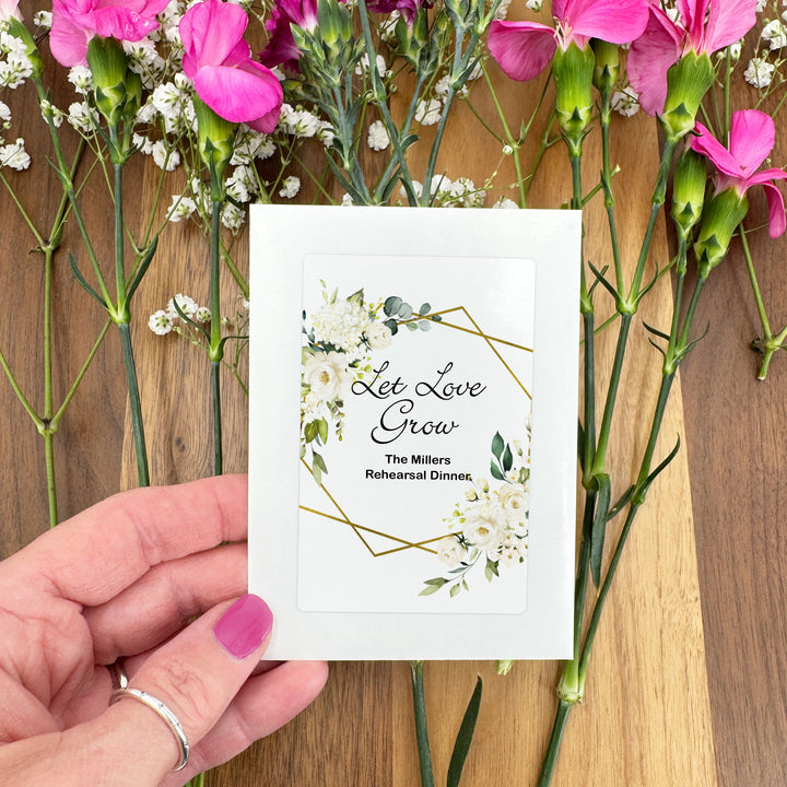 Love in Bloom, White Floral with Gold Geometric Frame, Wedding Favor, Wildflower Seed Packets