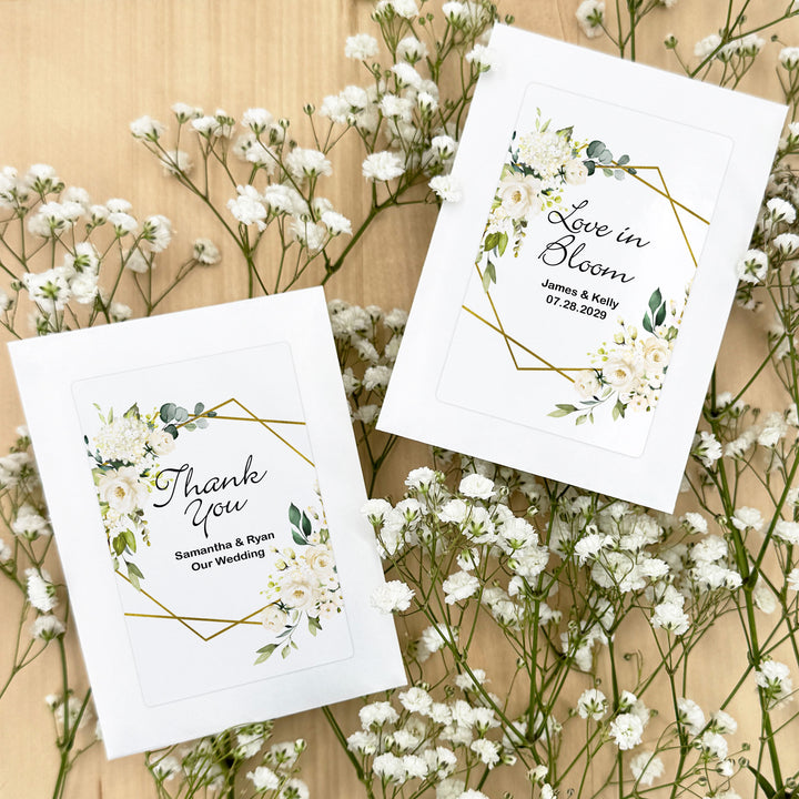 Love in Bloom, White Floral with Gold Geometric Frame, Wedding Favor, Wildflower Seed Packets