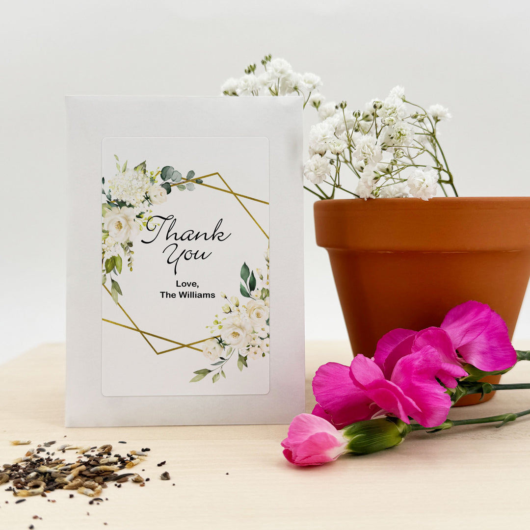 Love in Bloom, White Floral with Gold Geometric Frame, Wedding Favor, Wildflower Seed Packets
