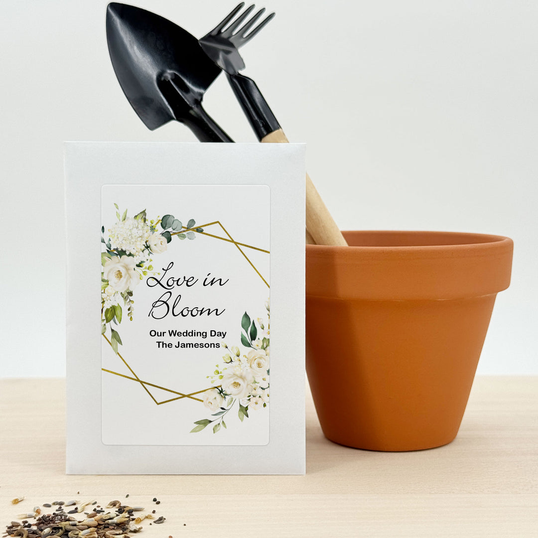 Love in Bloom, White Floral with Gold Geometric Frame, Wedding Favor, Wildflower Seed Packets