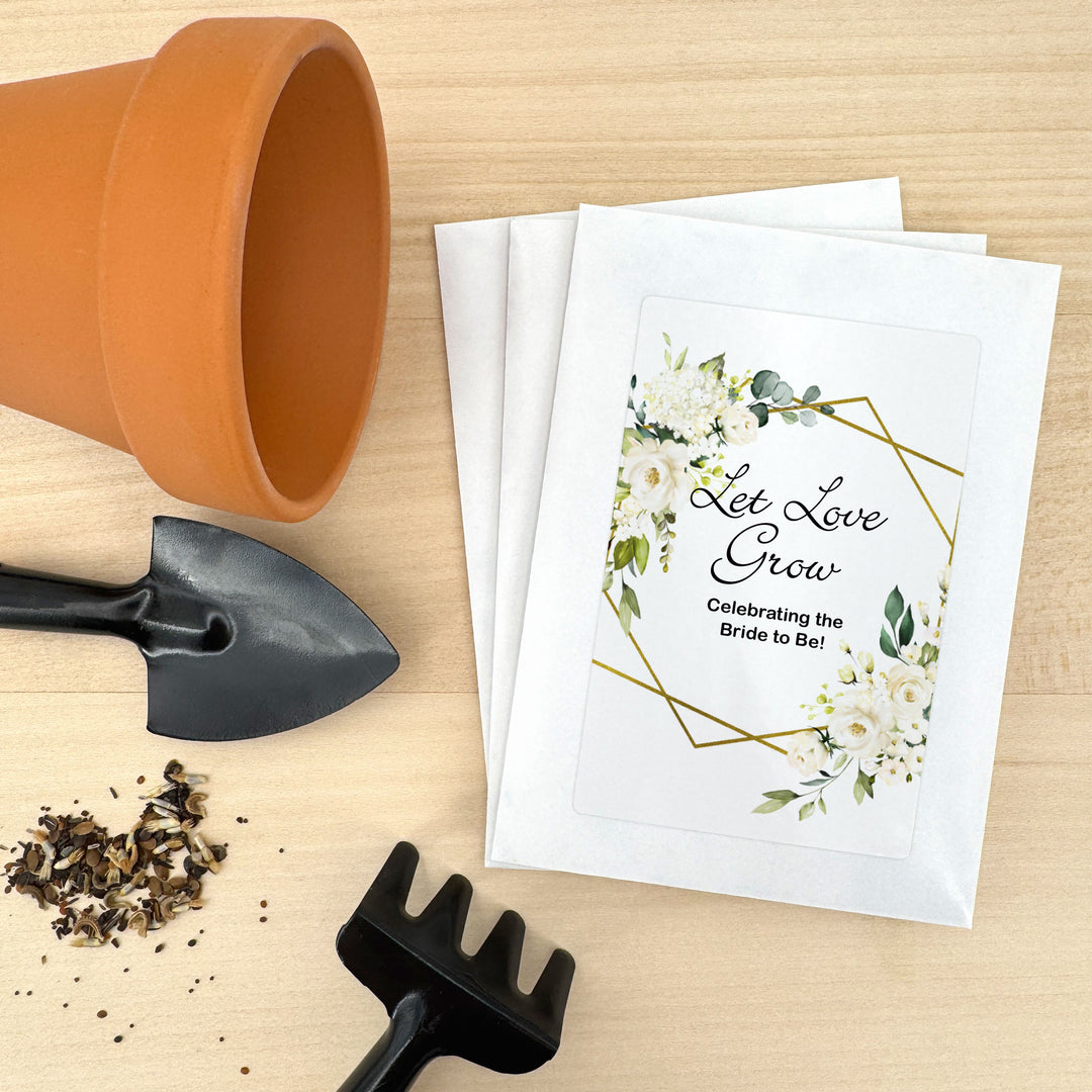 Love in Bloom, White Floral with Gold Geometric Frame, Wedding Favor, Wildflower Seed Packets
