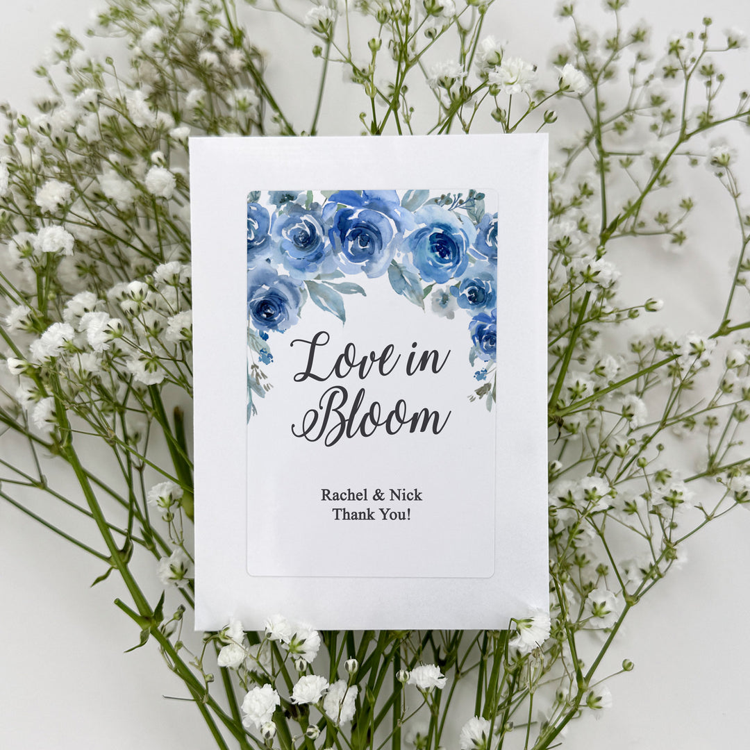 Love in Bloom Blue Floral, Wedding Favor, Wildflower Seed Packets