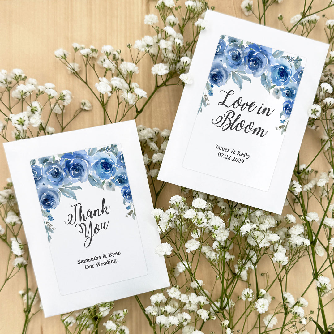 Love in Bloom Blue Floral, Wedding Favor, Wildflower Seed Packets