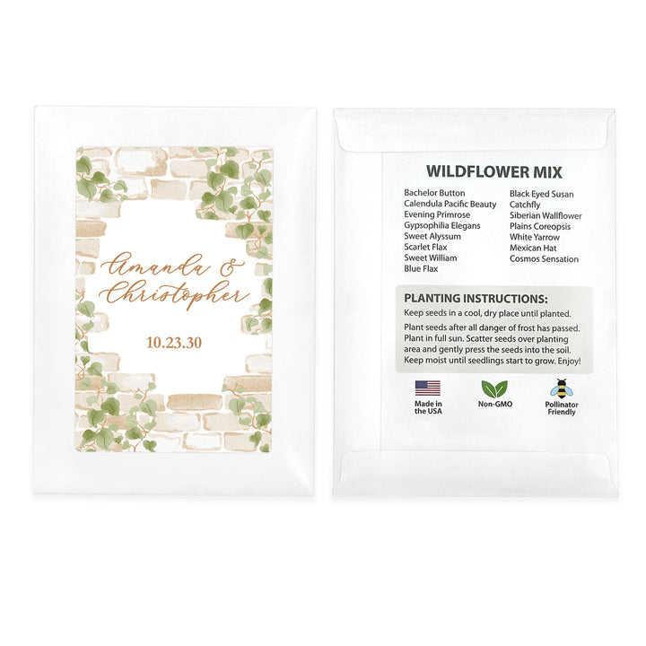 Wedding Favor Seed Packets, Bridal Shower Favors, Birthday Party, Custom Wildflower Seeds, Stone Wall with Vines