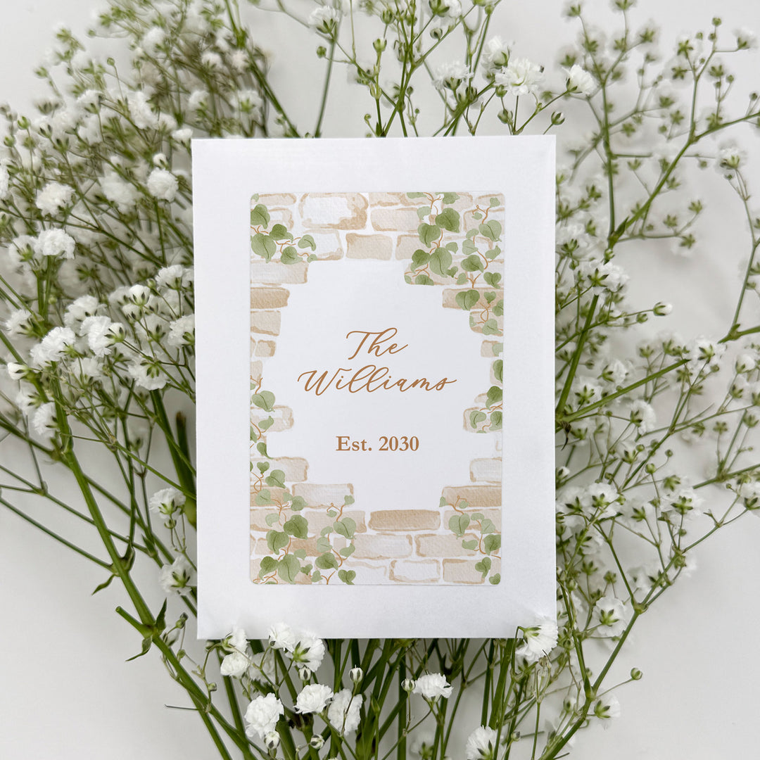 Wedding Favor Seed Packets, Bridal Shower Favors, Birthday Party, Custom Wildflower Seeds, Stone Wall with Vines