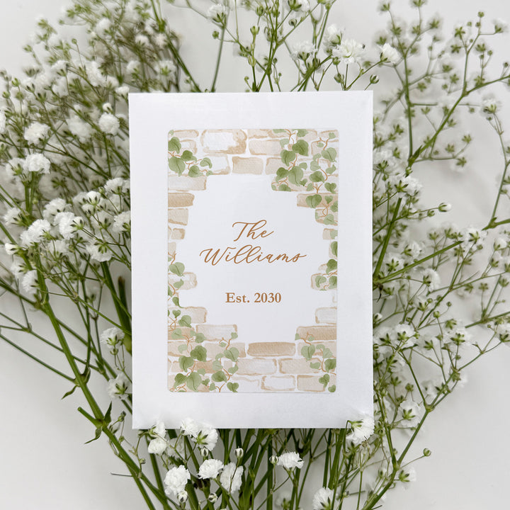 Wedding Favor Seed Packets, Bridal Shower Favors, Birthday Party, Custom Wildflower Seeds, Stone Wall with Vines