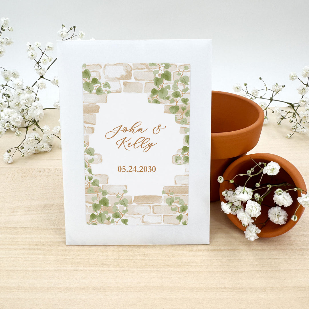 Wedding Favor Seed Packets, Bridal Shower Favors, Birthday Party, Custom Wildflower Seeds, Stone Wall with Vines