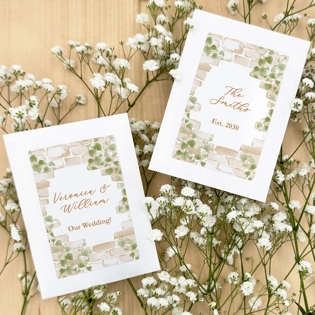 Wedding Favor Seed Packets, Bridal Shower Favors, Birthday Party, Custom Wildflower Seeds, Stone Wall with Vines