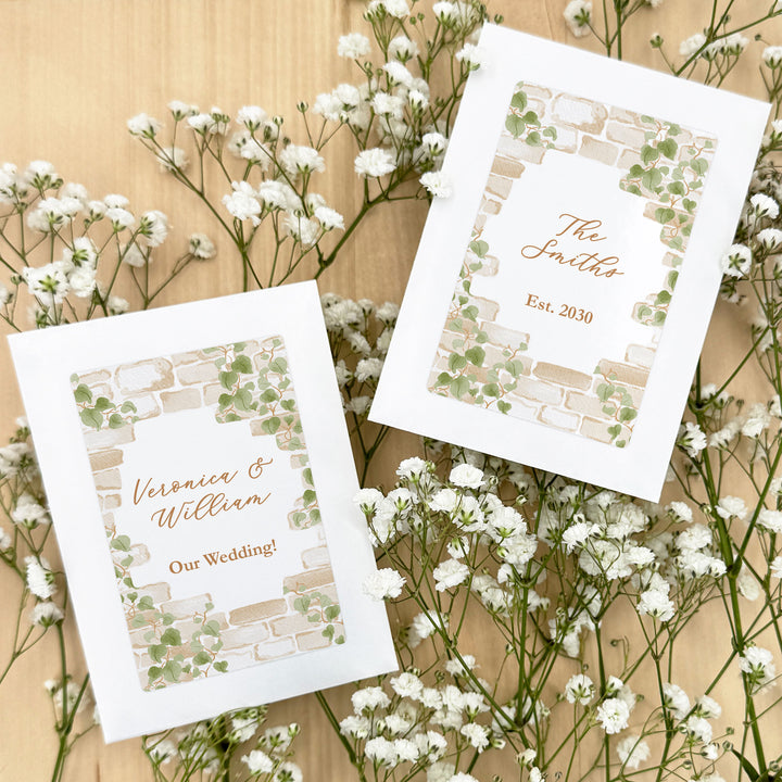 Wedding Favor Seed Packets, Bridal Shower Favors, Birthday Party, Custom Wildflower Seeds, Stone Wall with Vines