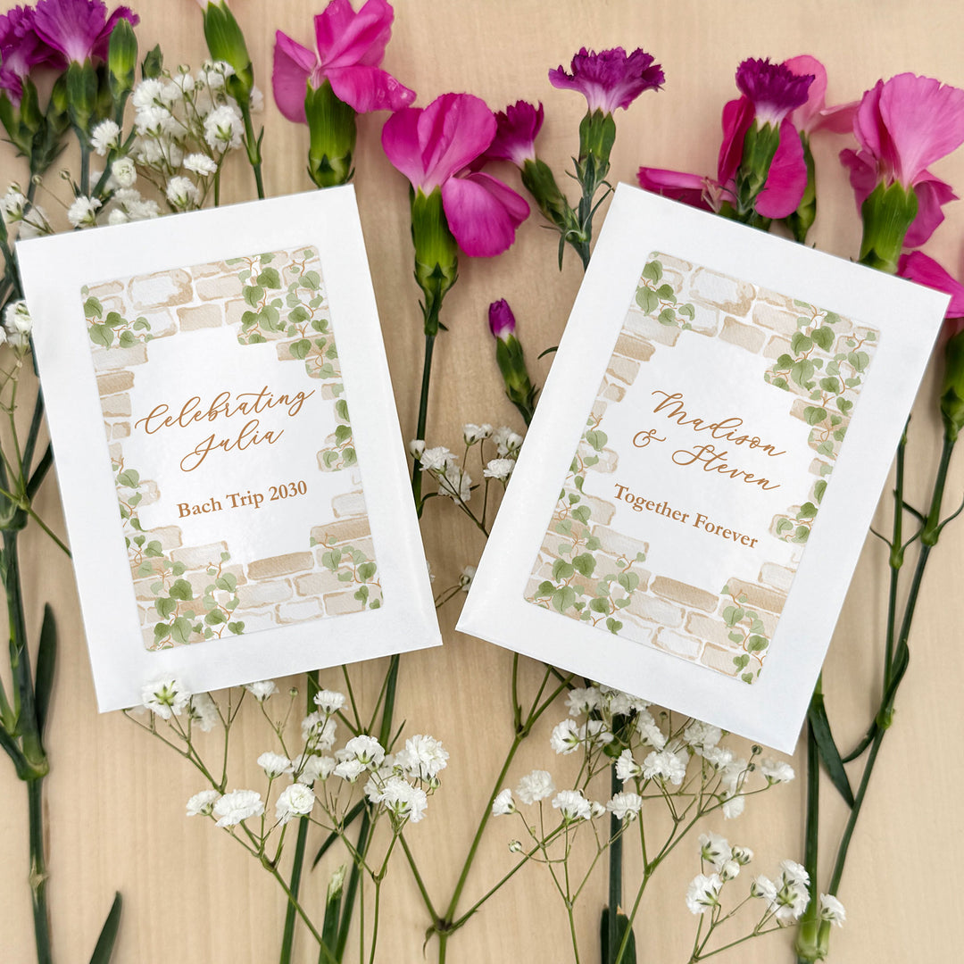 Wedding Favor Seed Packets, Bridal Shower Favors, Birthday Party, Custom Wildflower Seeds, Stone Wall with Vines
