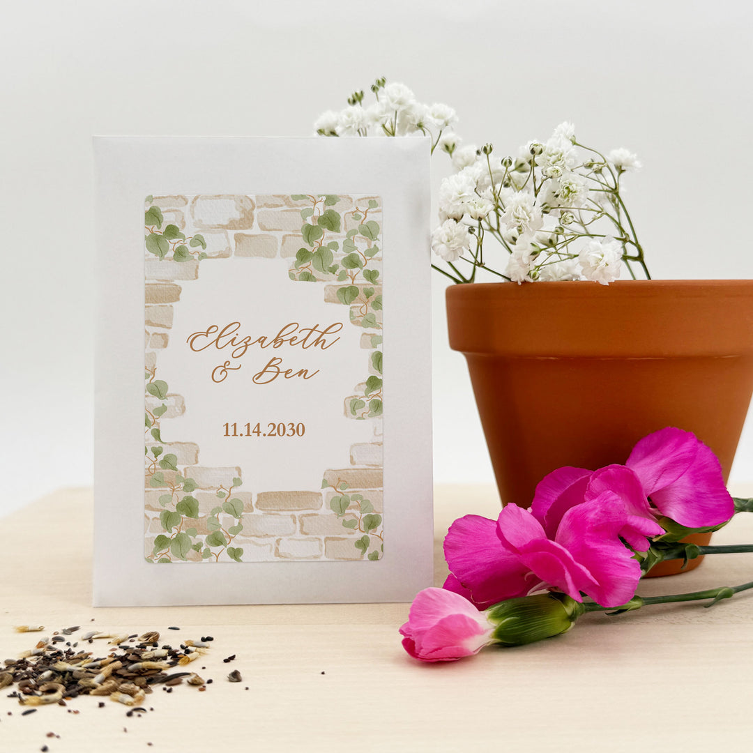 Wedding Favor Seed Packets, Bridal Shower Favors, Birthday Party, Custom Wildflower Seeds, Stone Wall with Vines
