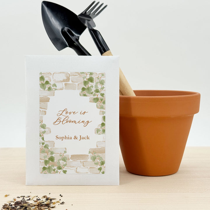 Wedding Favor Seed Packets, Bridal Shower Favors, Birthday Party, Custom Wildflower Seeds, Stone Wall with Vines