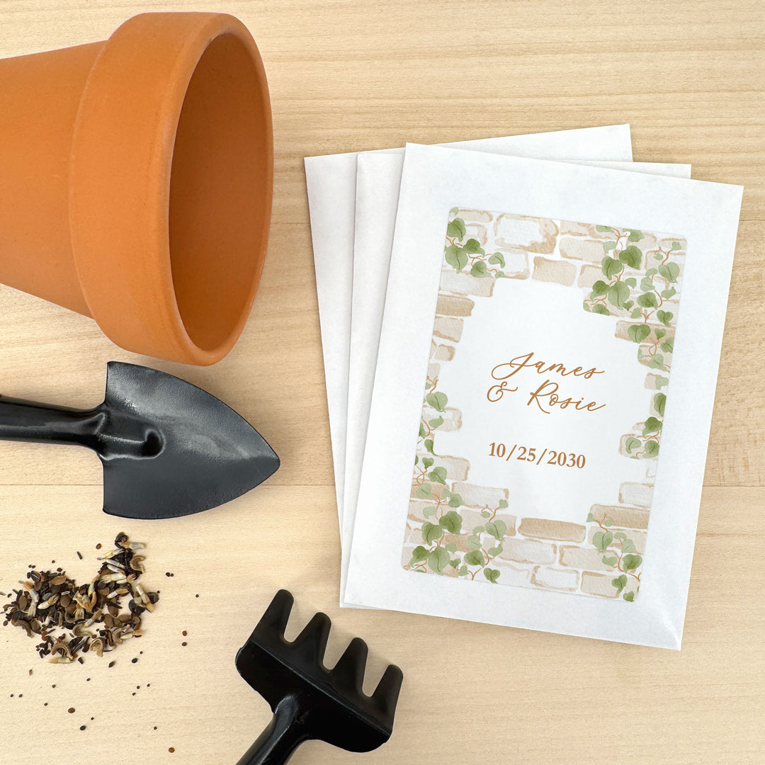 Wedding Favor Seed Packets, Bridal Shower Favors, Birthday Party, Custom Wildflower Seeds, Stone Wall with Vines