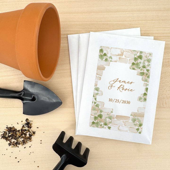 Wedding Favor Seed Packets, Bridal Shower Favors, Birthday Party, Custom Wildflower Seeds, Stone Wall with Vines