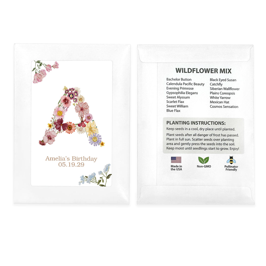Pressed Flower Monogram, Birthday Favors, Wildflower Seed Packets
