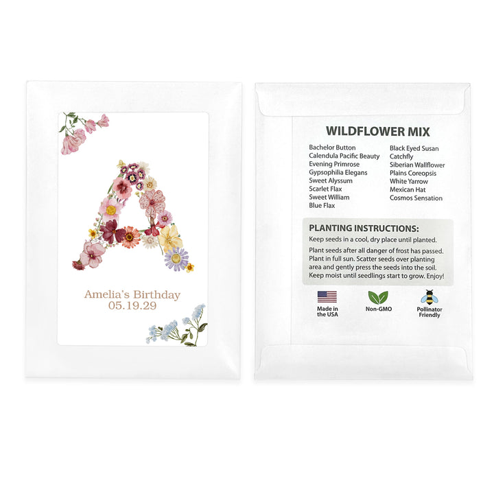 Pressed Flower Monogram, Birthday Favors, Wildflower Seed Packets