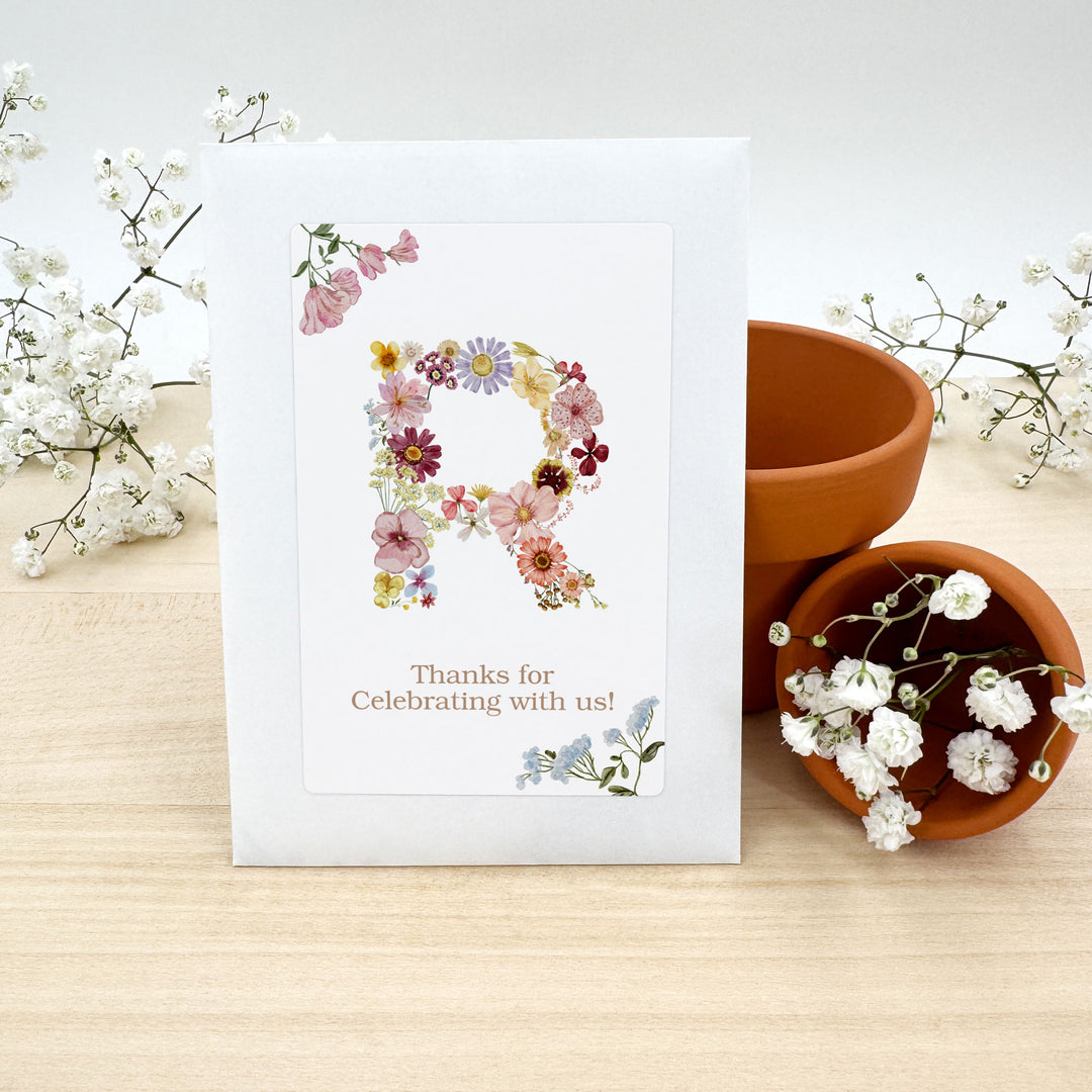 Pressed Flower Monogram, Birthday Favors, Wildflower Seed Packets