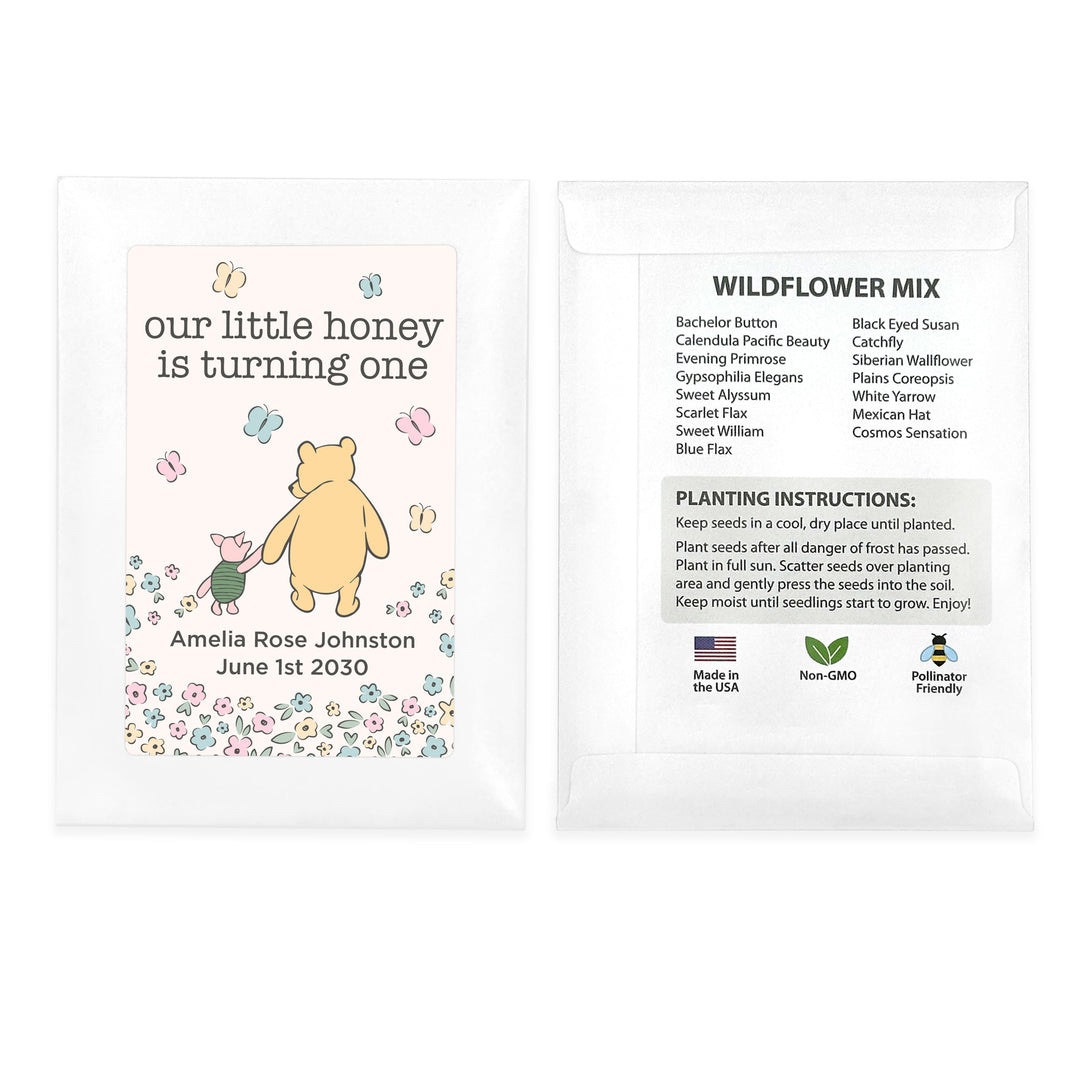 Winnie the Pooh & Piglet Birthday, Our Little Honey is Turning One, Wildflower Seed Packets