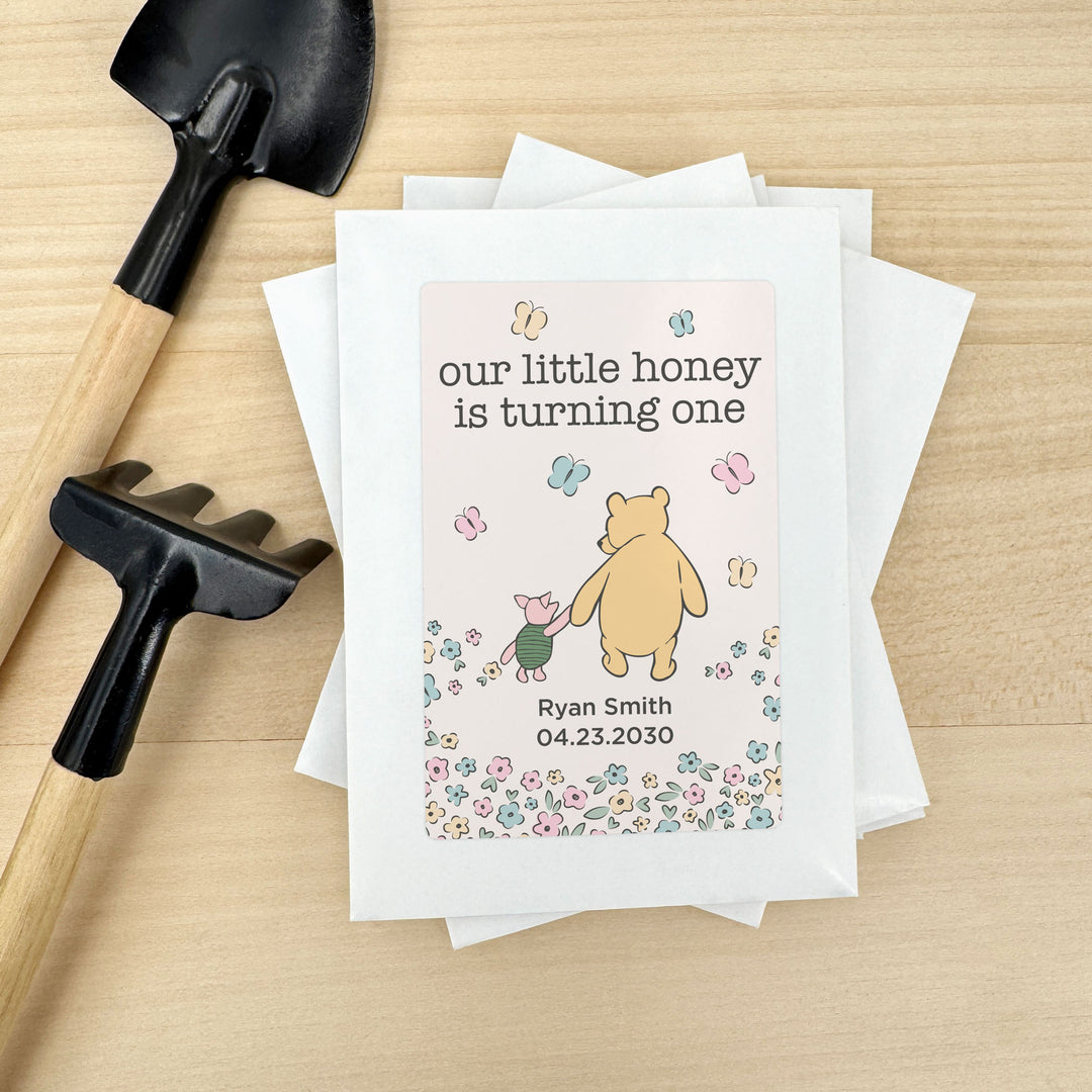 Winnie the Pooh & Piglet Birthday, Our Little Honey is Turning One, Wildflower Seed Packets