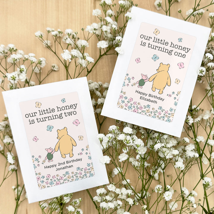 Winnie the Pooh & Piglet Birthday, Our Little Honey is Turning One, Wildflower Seed Packets