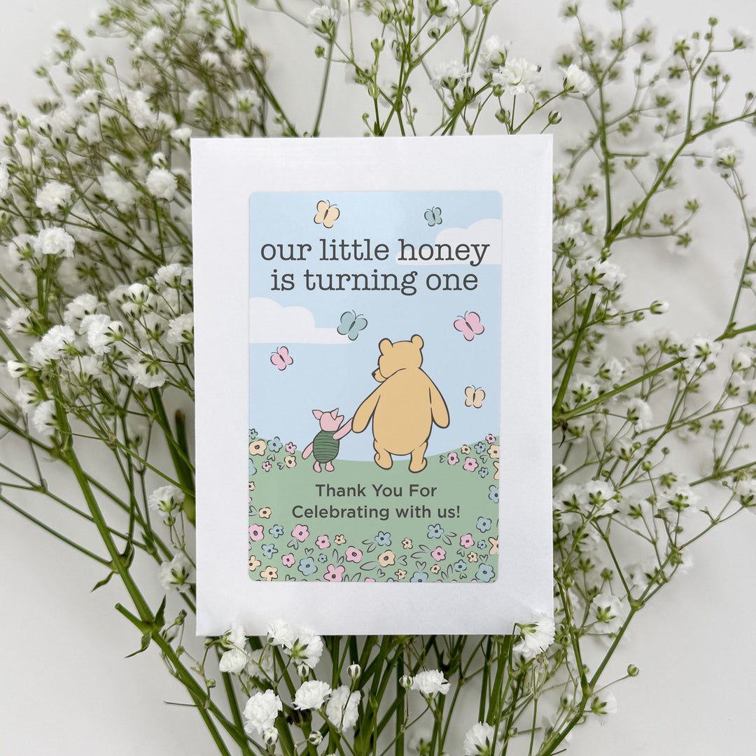 Winnie the Pooh & Piglet Blue Skies Birthday, Our Little Honey is Turning One, Wildflower Seed Packets