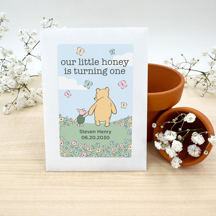 Winnie the Pooh & Piglet Blue Skies Birthday, Our Little Honey is Turning One, Wildflower Seed Packets