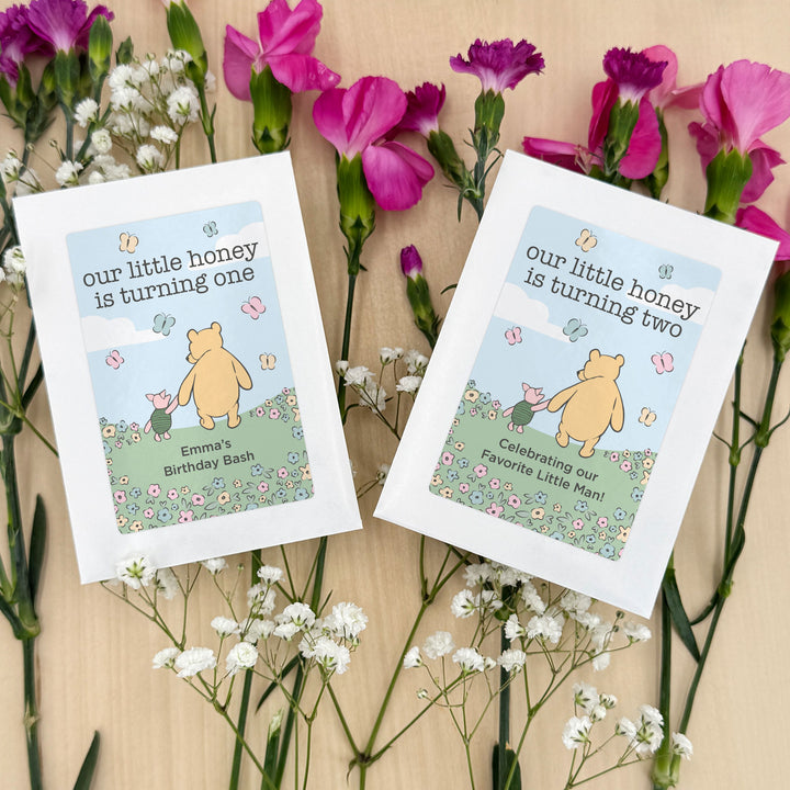 Winnie the Pooh & Piglet Blue Skies Birthday, Our Little Honey is Turning One, Wildflower Seed Packets