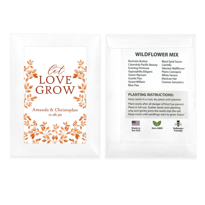 Custom Wildflower Seed Packets, Fall Bridal Shower Wedding Favors, Let Love Grow, Autumn Leaves