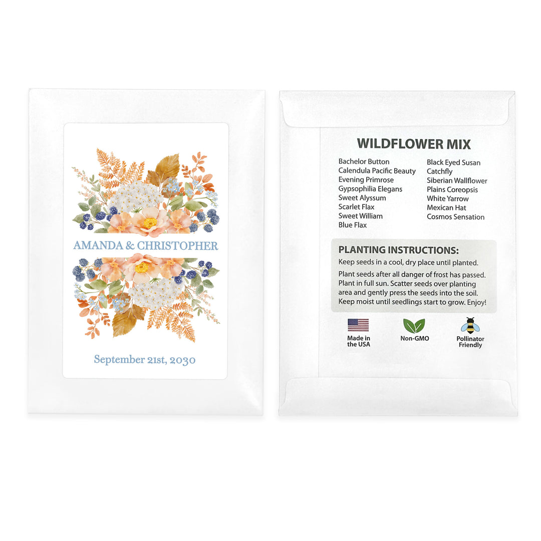 Custom Wildflower Seed Packets, Fall Bridal Shower Wedding Favors, Peach &amp; Blue Florals
