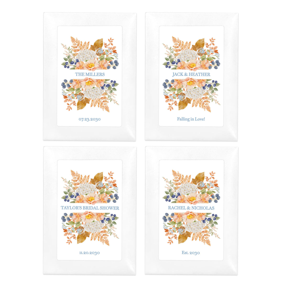 Custom Wildflower Seed Packets, Fall Bridal Shower Wedding Favors, Peach &amp; Blue Florals