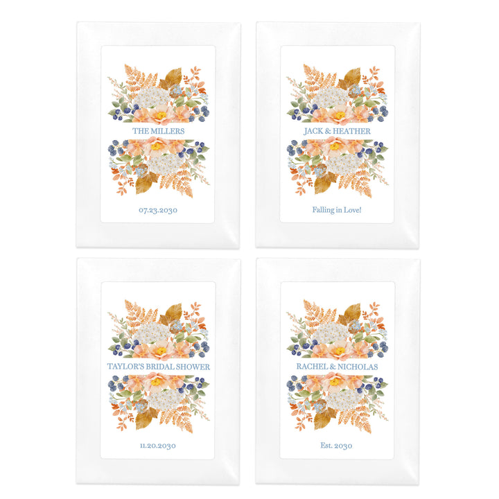 Custom Wildflower Seed Packets, Fall Bridal Shower Wedding Favors, Peach &amp; Blue Florals