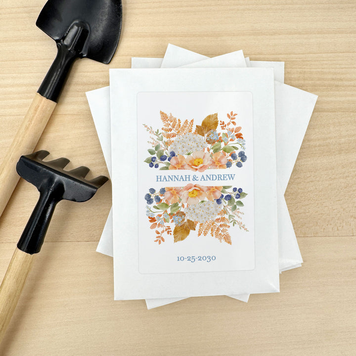 Custom Wildflower Seed Packets, Fall Bridal Shower Wedding Favors, Peach &amp; Blue Florals