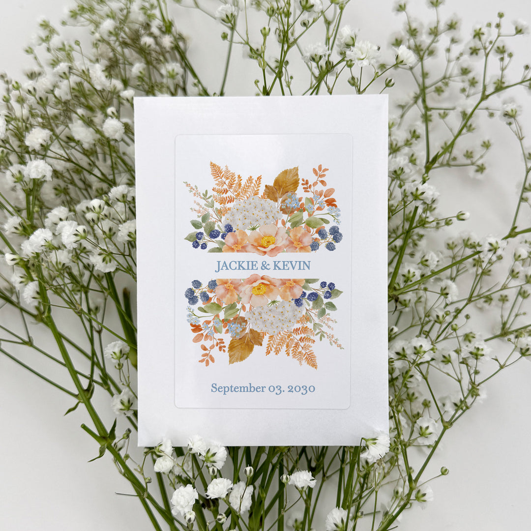 Custom Wildflower Seed Packets, Fall Bridal Shower Wedding Favors, Peach &amp; Blue Florals