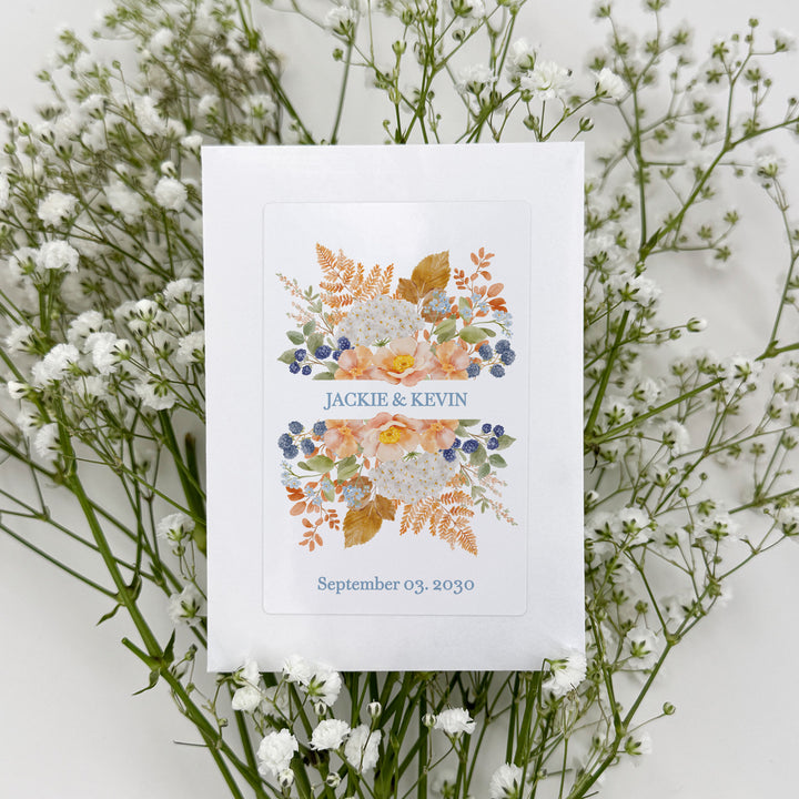 Custom Wildflower Seed Packets, Fall Bridal Shower Wedding Favors, Peach &amp; Blue Florals