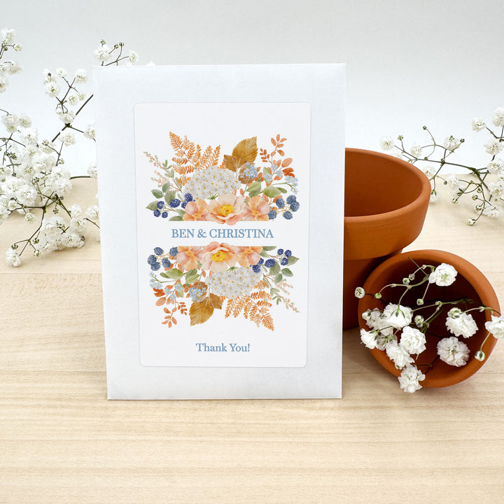 Custom Wildflower Seed Packets, Fall Bridal Shower Wedding Favors, Peach &amp; Blue Florals