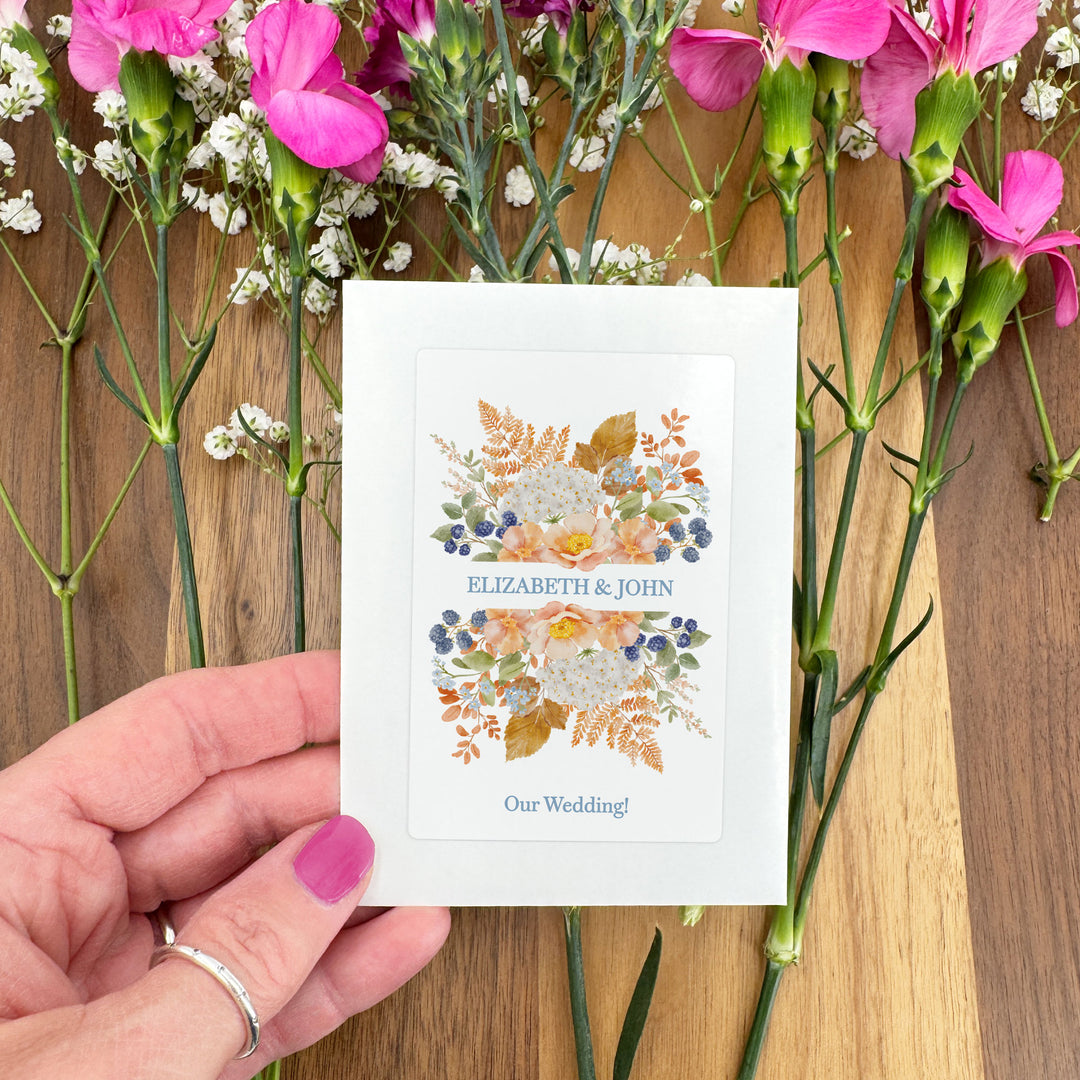 Custom Wildflower Seed Packets, Fall Bridal Shower Wedding Favors, Peach &amp; Blue Florals