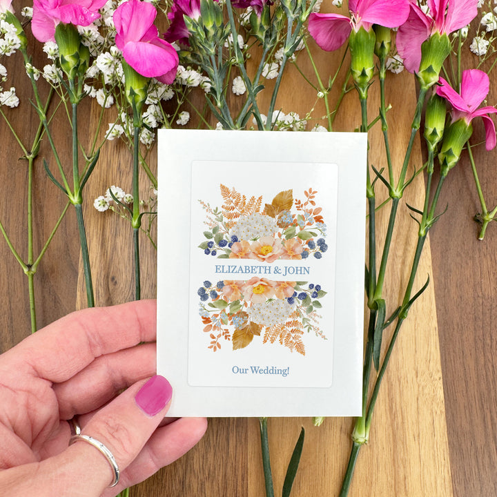 Custom Wildflower Seed Packets, Fall Bridal Shower Wedding Favors, Peach &amp; Blue Florals