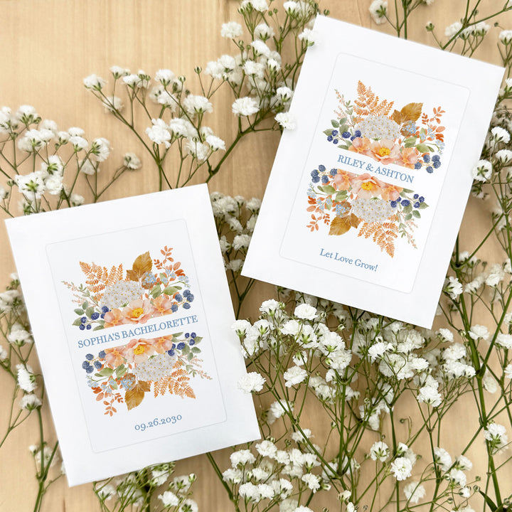 Custom Wildflower Seed Packets, Fall Bridal Shower Wedding Favors, Peach &amp; Blue Florals