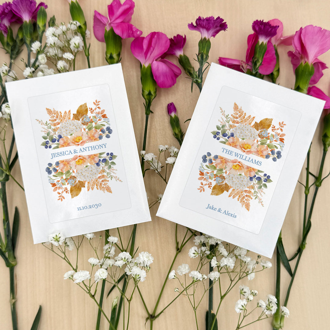 Custom Wildflower Seed Packets, Fall Bridal Shower Wedding Favors, Peach &amp; Blue Florals