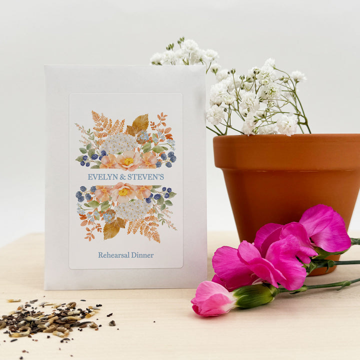 Custom Wildflower Seed Packets, Fall Bridal Shower Wedding Favors, Peach &amp; Blue Florals