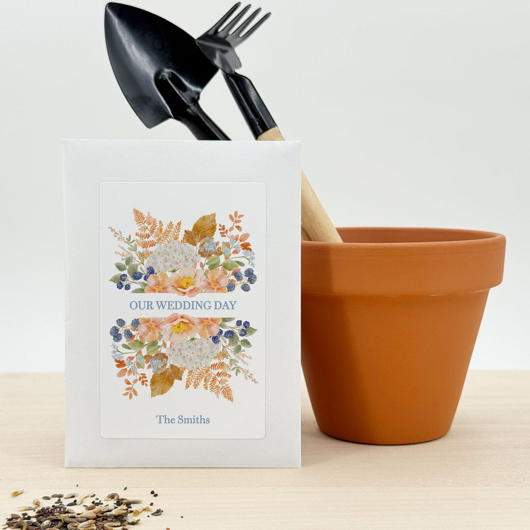 Custom Wildflower Seed Packets, Fall Bridal Shower Wedding Favors, Peach &amp; Blue Florals