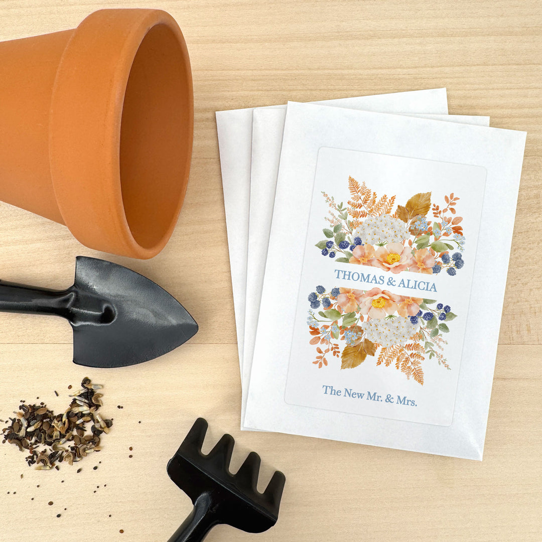Custom Wildflower Seed Packets, Fall Bridal Shower Wedding Favors, Peach &amp; Blue Florals