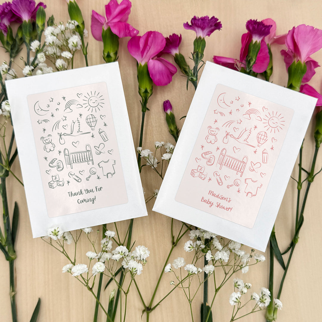 Hand Drawn Baby Sketch Pattern, Baby Shower Favors, Wildflower Seed Packets